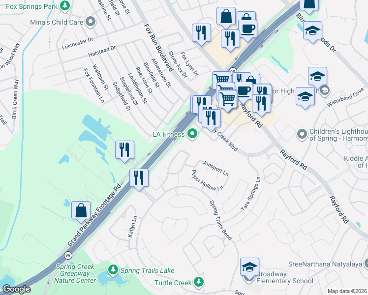 map of restaurants, bars, coffee shops, grocery stores, and more near 28510 Misty Cliff Lane in Spring