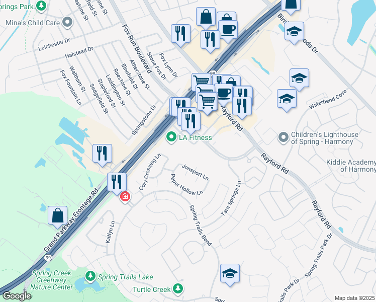 map of restaurants, bars, coffee shops, grocery stores, and more near 28426 Jonsport Lane in Spring