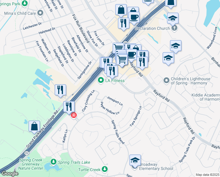 map of restaurants, bars, coffee shops, grocery stores, and more near 28426 Jonsport Lane in Spring