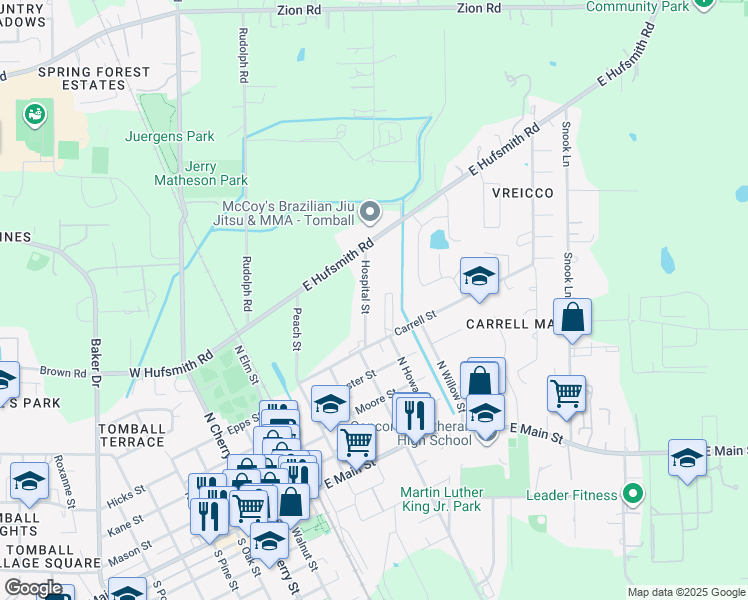map of restaurants, bars, coffee shops, grocery stores, and more near 606 Hospital Street in Tomball