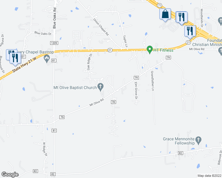 map of restaurants, bars, coffee shops, grocery stores, and more near 226 Mount Olive Road in Cedar Creek