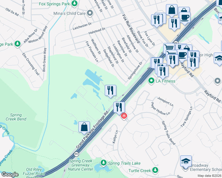 map of restaurants, bars, coffee shops, grocery stores, and more near 2105 Riley Fuzzel Road in Spring