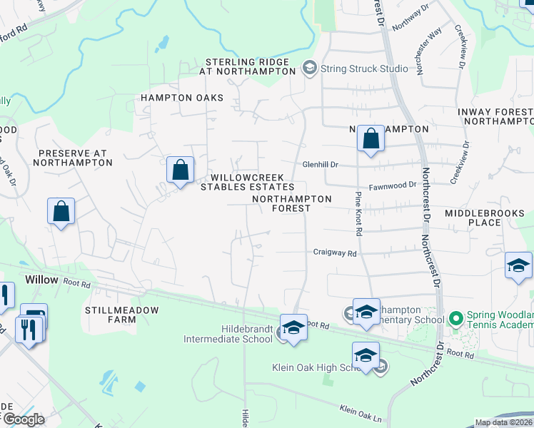 map of restaurants, bars, coffee shops, grocery stores, and more near 23302 Fox Run Street in Spring