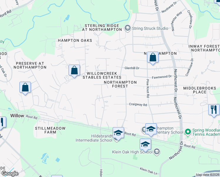 map of restaurants, bars, coffee shops, grocery stores, and more near 23302 Fox Run Street in Spring