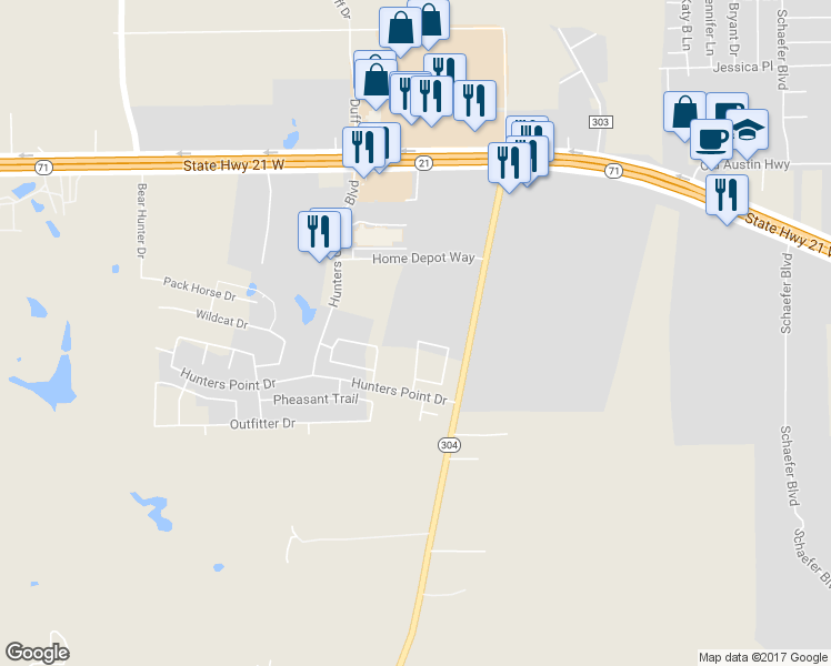 map of restaurants, bars, coffee shops, grocery stores, and more near 201 North Hunting Lodge Lane in Bastrop