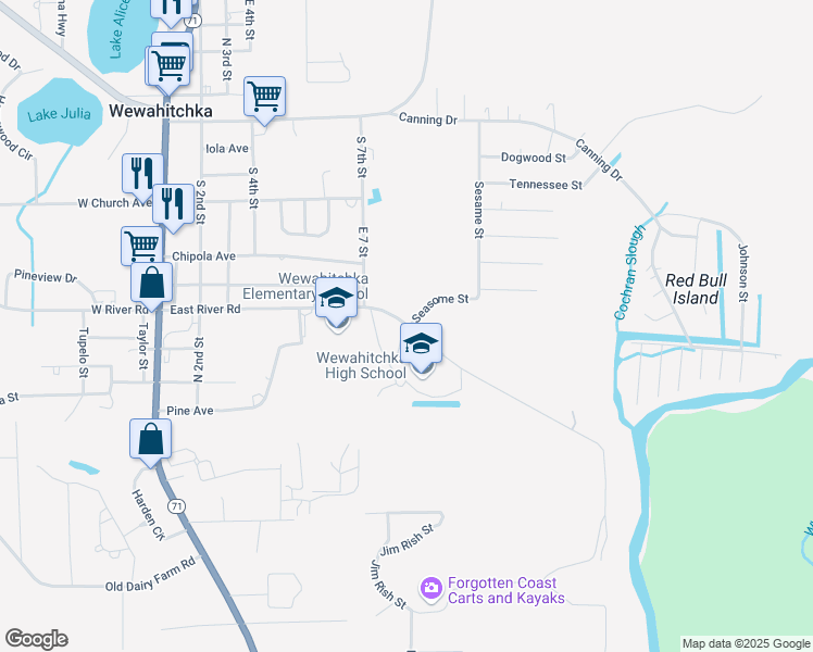 map of restaurants, bars, coffee shops, grocery stores, and more near 514 East River Road in Wewahitchka