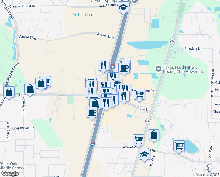 map of restaurants, bars, coffee shops, grocery stores, and more near 23568 Eastex Freeway Service Road in Porter