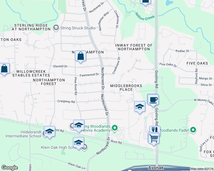 map of restaurants, bars, coffee shops, grocery stores, and more near 6106 Darby Way in Spring