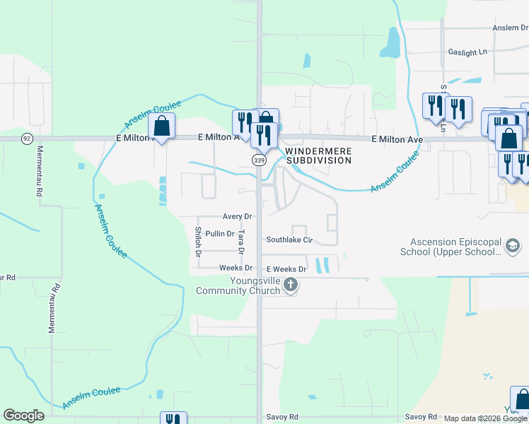 map of restaurants, bars, coffee shops, grocery stores, and more near 4002 Verot School Road in Youngsville