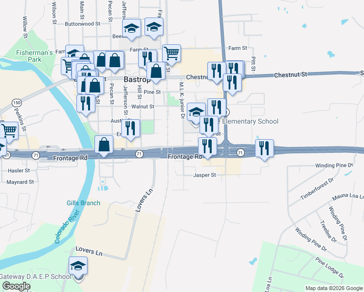 map of restaurants, bars, coffee shops, grocery stores, and more near 501 Martin Luther King Drive in Bastrop