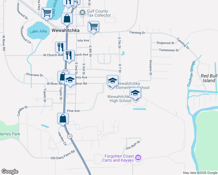 map of restaurants, bars, coffee shops, grocery stores, and more near 514 East River Road in Wewahitchka