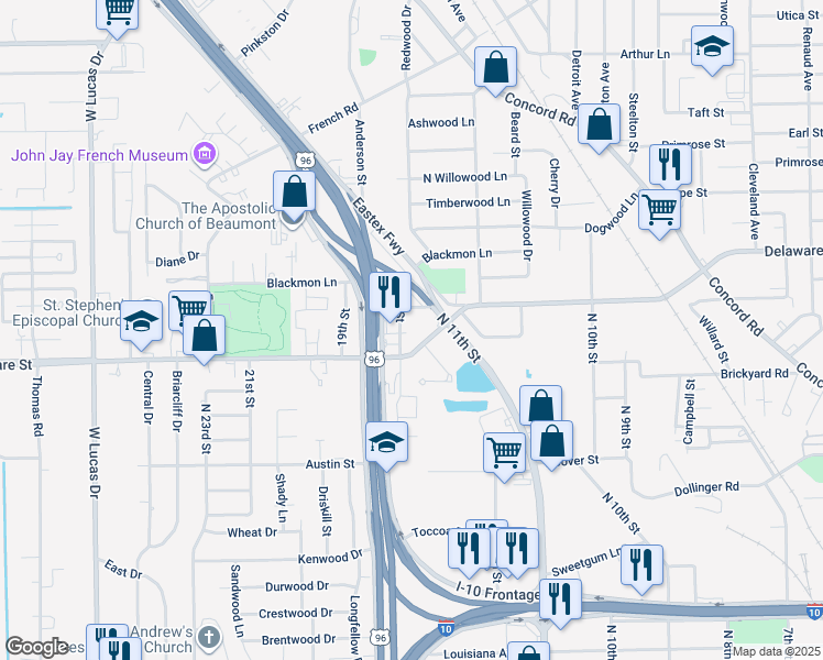 map of restaurants, bars, coffee shops, grocery stores, and more near 3390 Delaware Street in Beaumont
