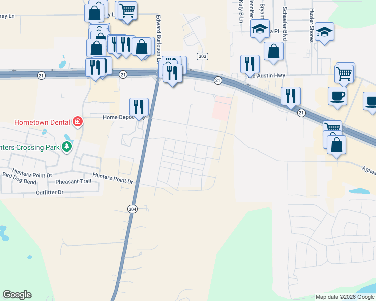 map of restaurants, bars, coffee shops, grocery stores, and more near 309 Bullhead Road in Bastrop