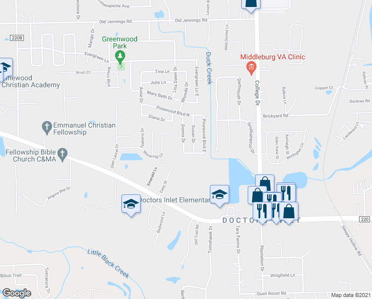 map of restaurants, bars, coffee shops, grocery stores, and more near 1701 Donna Drive in Middleburg