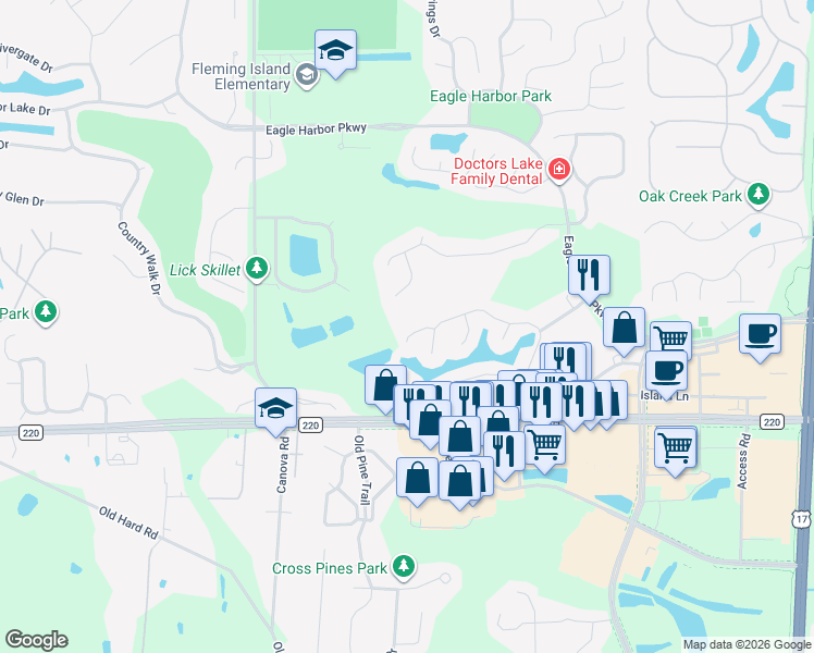 map of restaurants, bars, coffee shops, grocery stores, and more near 1786 Casselberry Court in Orange Park