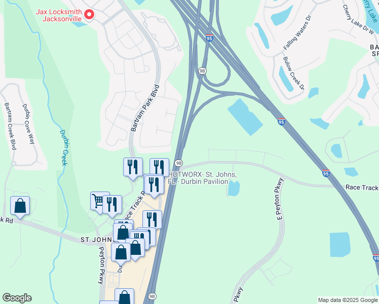 map of restaurants, bars, coffee shops, grocery stores, and more near 5237 Race Track Road in Jacksonville