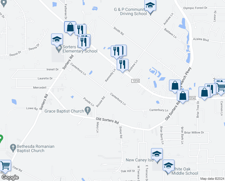 map of restaurants, bars, coffee shops, grocery stores, and more near 20443 Canterbury Lane in Porter