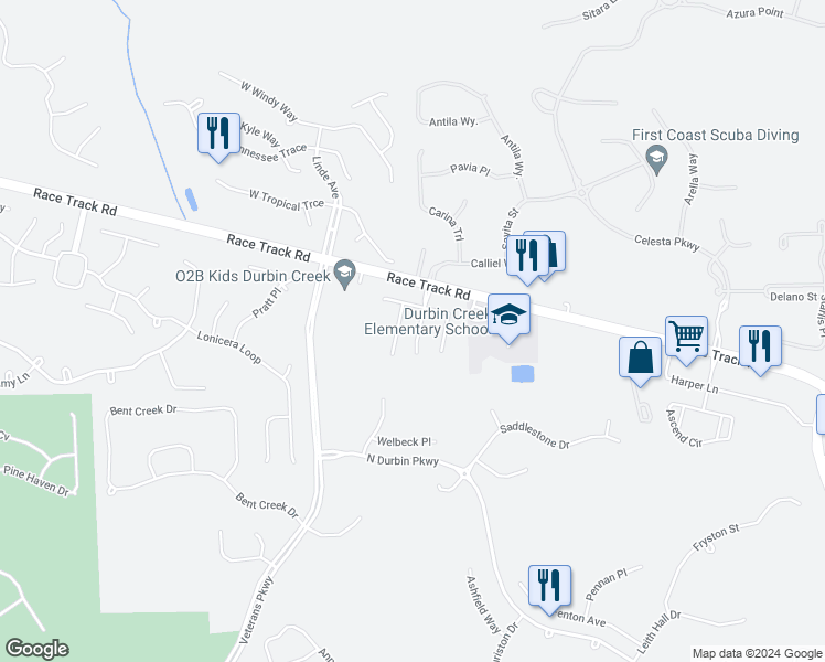 map of restaurants, bars, coffee shops, grocery stores, and more near 129 Dragonfly Drive in Saint Johns