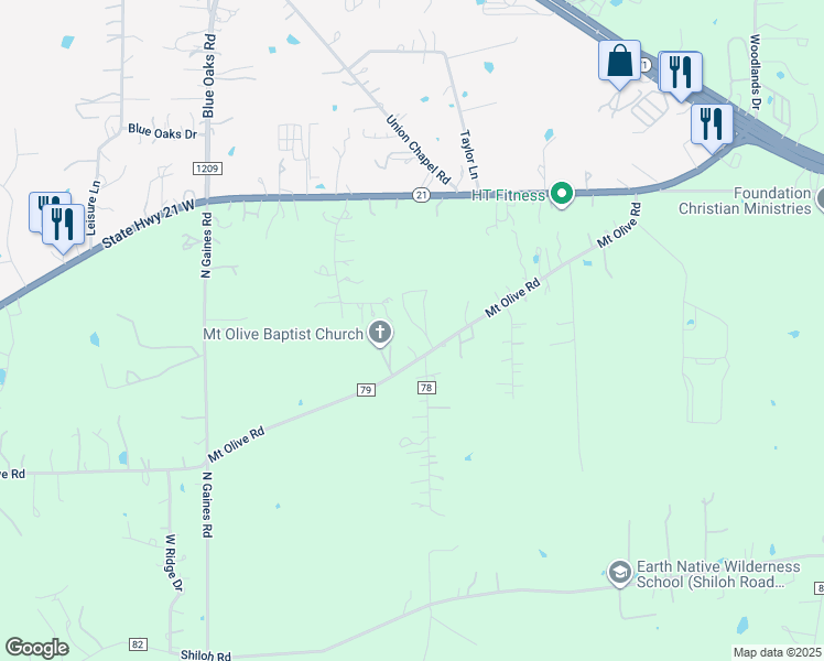 map of restaurants, bars, coffee shops, grocery stores, and more near 226 Mount Olive Road in Cedar Creek