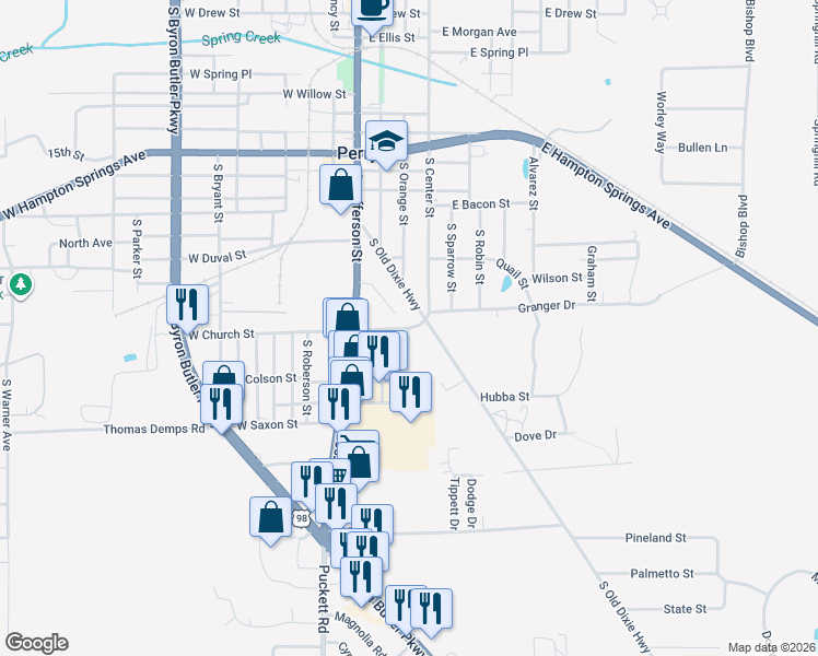 map of restaurants, bars, coffee shops, grocery stores, and more near 119 East Church Street in Perry