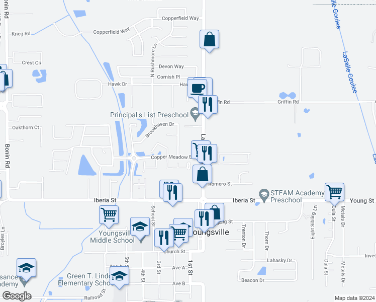map of restaurants, bars, coffee shops, grocery stores, and more near 500 Copper Meadow Boulevard in Youngsville
