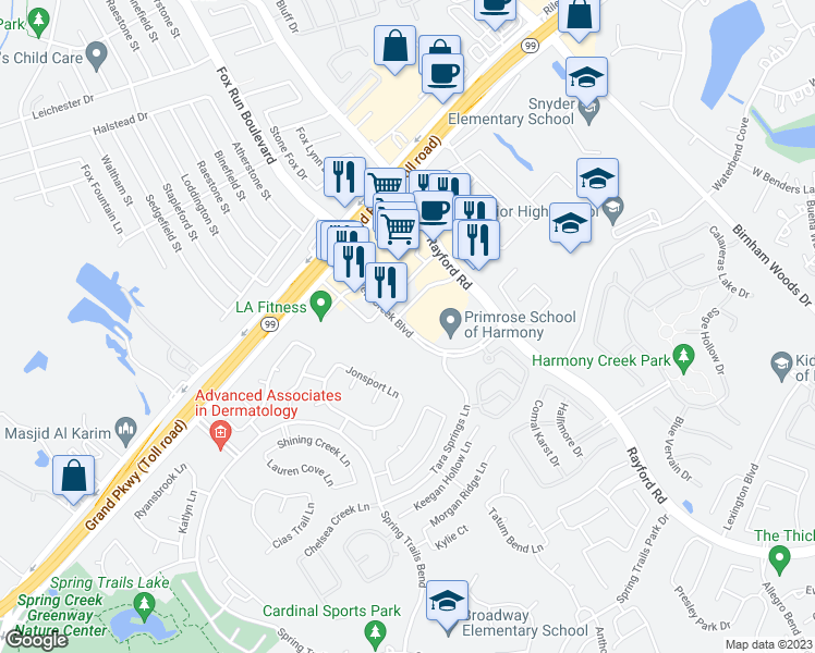 map of restaurants, bars, coffee shops, grocery stores, and more near Discovery Creek in Spring