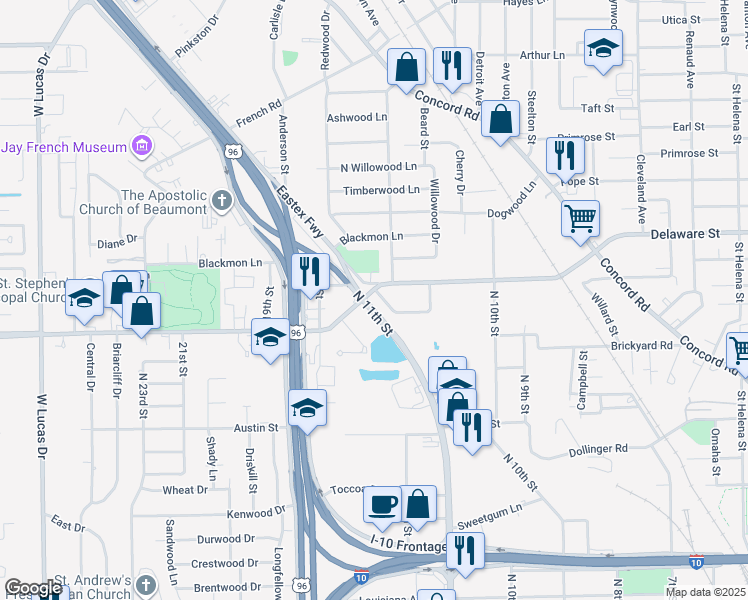 map of restaurants, bars, coffee shops, grocery stores, and more near 2790 North 11th Street in Beaumont