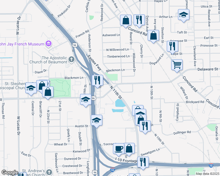 map of restaurants, bars, coffee shops, grocery stores, and more near 3325 Delaware Street in Beaumont