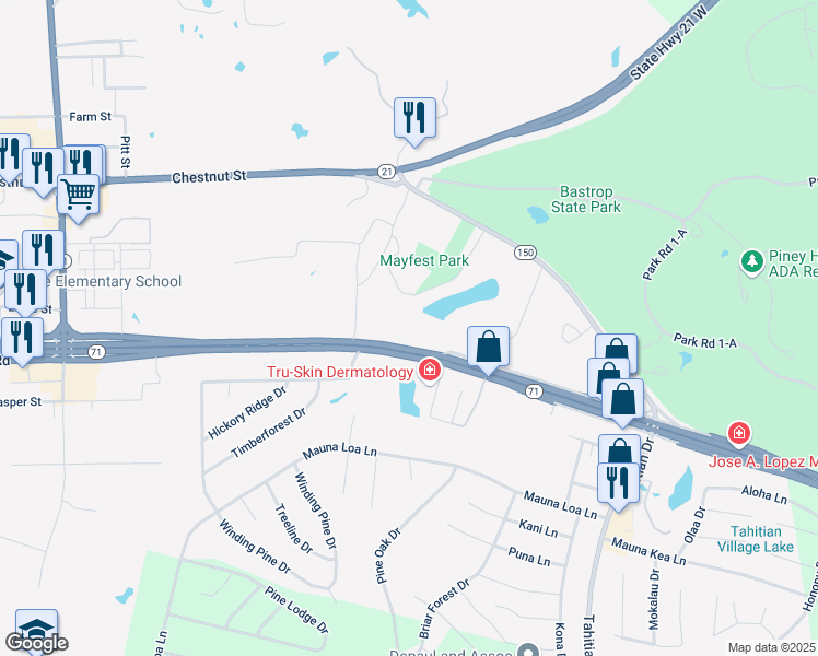 map of restaurants, bars, coffee shops, grocery stores, and more near 2604 Texas 71 in Bastrop