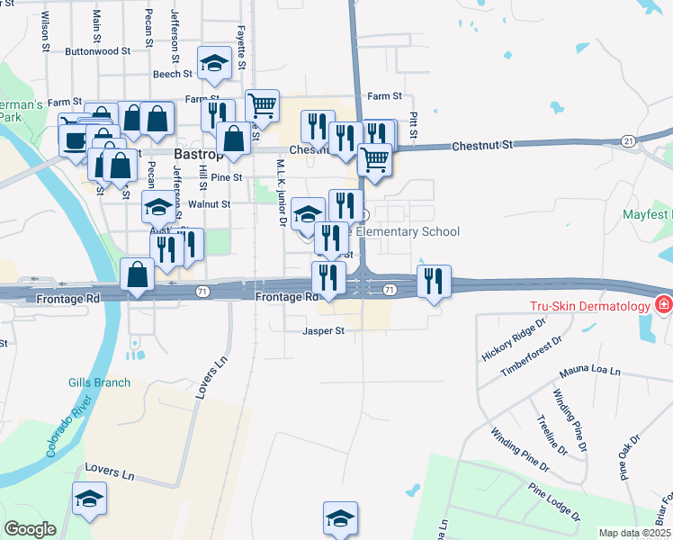 map of restaurants, bars, coffee shops, grocery stores, and more near in Bastrop