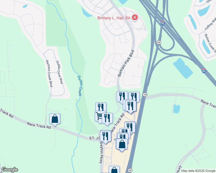 map of restaurants, bars, coffee shops, grocery stores, and more near 15018 Rain Lily Street in Jacksonville