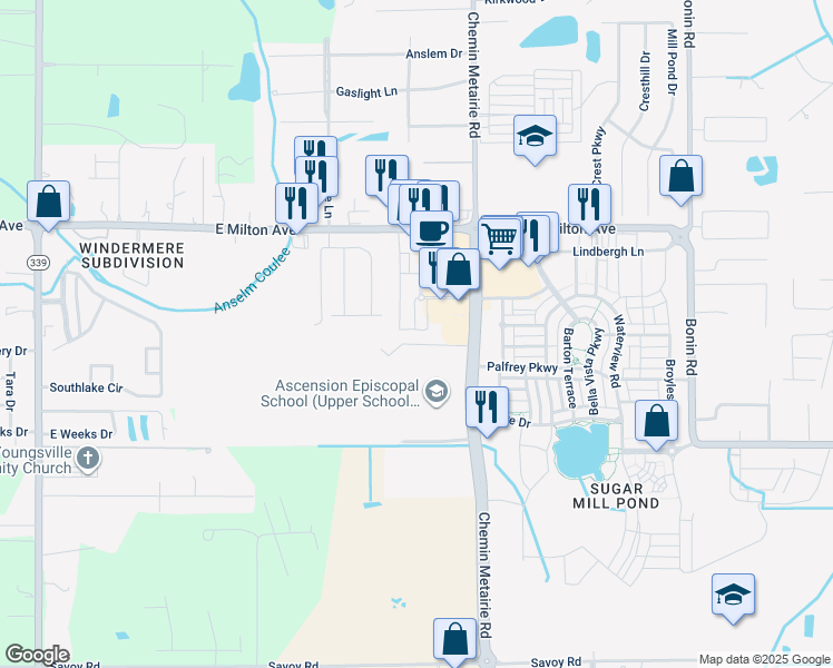 map of restaurants, bars, coffee shops, grocery stores, and more near 1800 Chemin Metairie Parkway in Youngsville