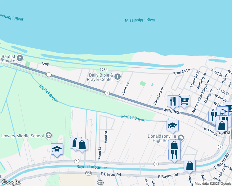map of restaurants, bars, coffee shops, grocery stores, and more near 35494 Louisiana 1 in Donaldsonville