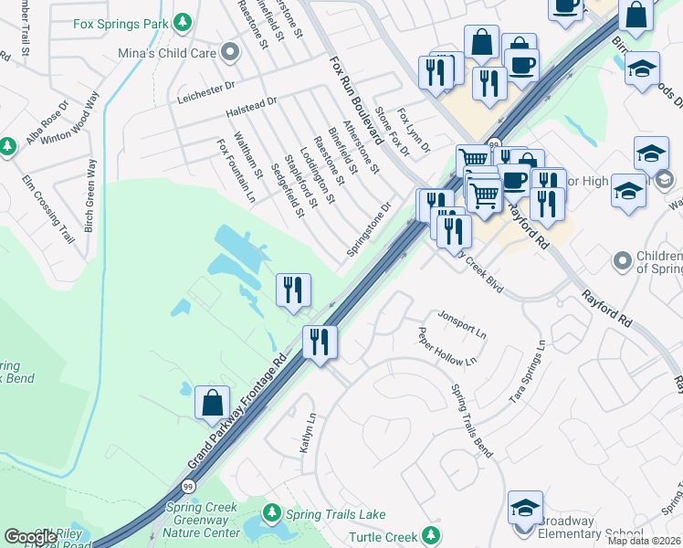 map of restaurants, bars, coffee shops, grocery stores, and more near 28703 Stapleford Street in Spring