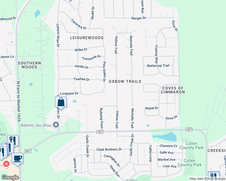 map of restaurants, bars, coffee shops, grocery stores, and more near 16218 Oxbow Trail in Buda