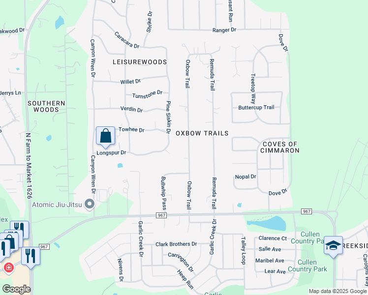 map of restaurants, bars, coffee shops, grocery stores, and more near 16218 Oxbow Trail in Buda