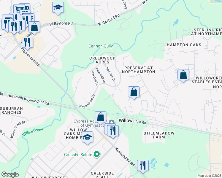 map of restaurants, bars, coffee shops, grocery stores, and more near 23802 Red Oak Drive in Spring
