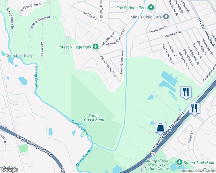 map of restaurants, bars, coffee shops, grocery stores, and more near 29315 Pear Side Court in Spring