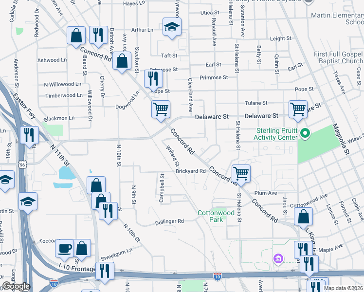 map of restaurants, bars, coffee shops, grocery stores, and more near 2340 Beatrice Street in Beaumont