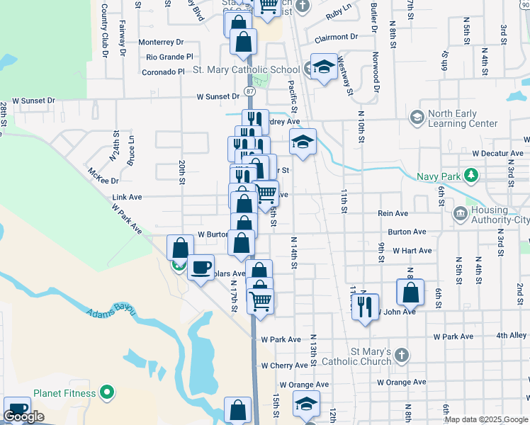 map of restaurants, bars, coffee shops, grocery stores, and more near 1600 North 16th Street in Orange