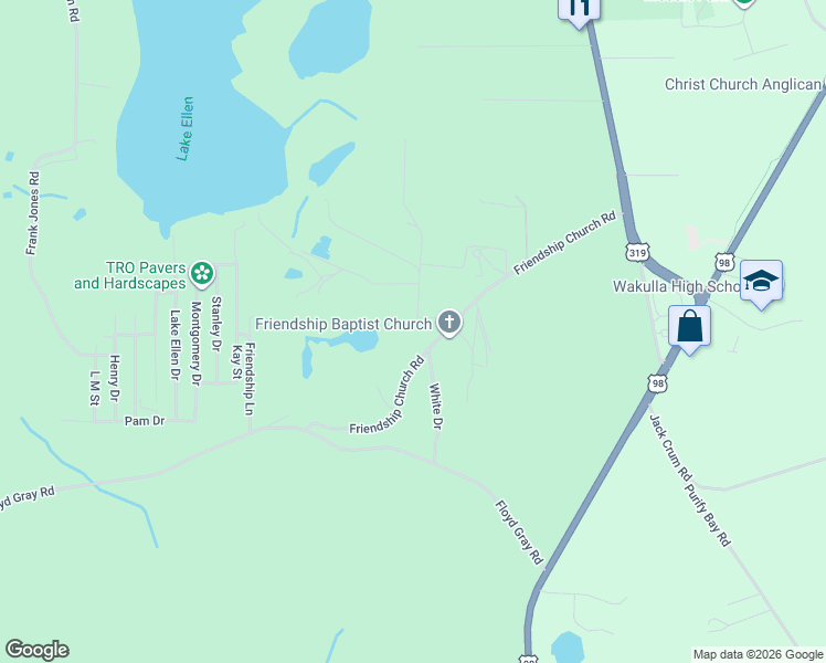 map of restaurants, bars, coffee shops, grocery stores, and more near 45 Pigott Pond Road in Crawfordville