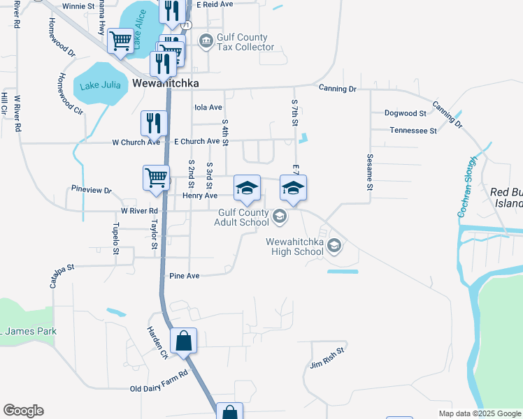 map of restaurants, bars, coffee shops, grocery stores, and more near 514 East River Road in Wewahitchka