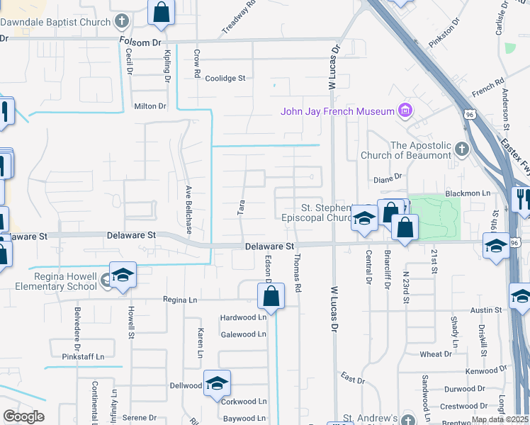 map of restaurants, bars, coffee shops, grocery stores, and more near 4640 Dunleith Street in Beaumont