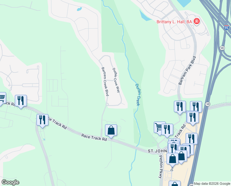map of restaurants, bars, coffee shops, grocery stores, and more near 15012 Durbin Cove Way in Saint Johns