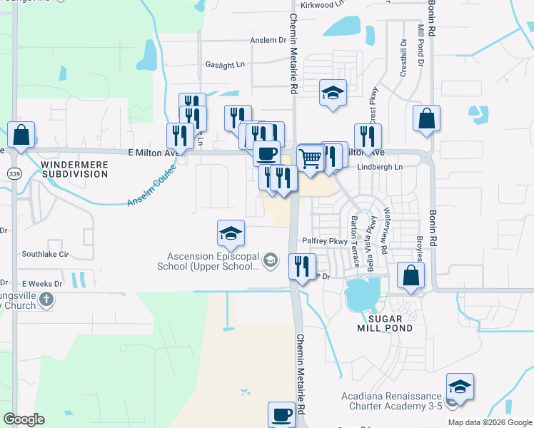 map of restaurants, bars, coffee shops, grocery stores, and more near 107 Centre Sarcelle Boulevard in Youngsville
