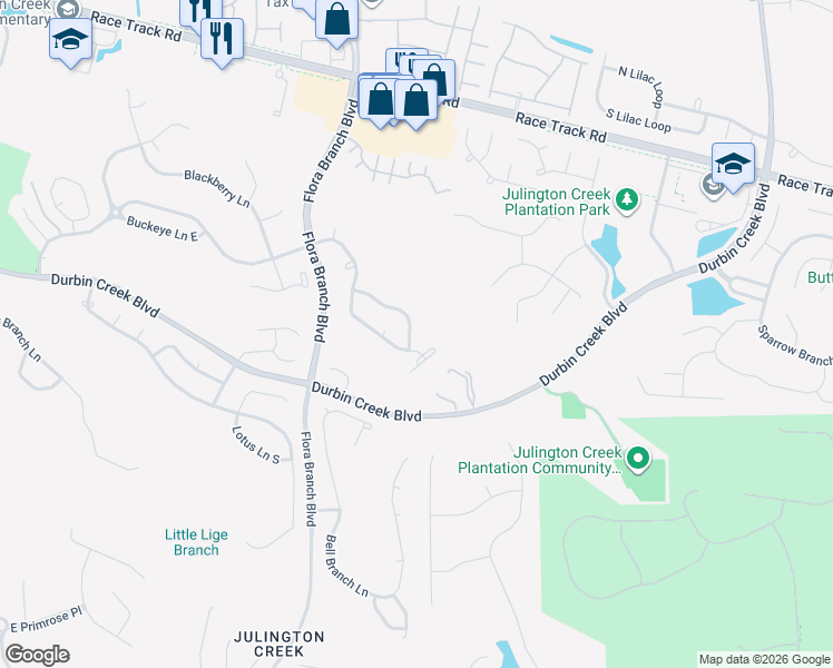 map of restaurants, bars, coffee shops, grocery stores, and more near 557 Redberry Lane in Jacksonville