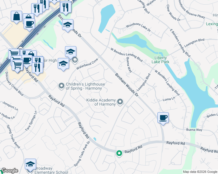 map of restaurants, bars, coffee shops, grocery stores, and more near 28271 Calaveras Lake Drive in Spring