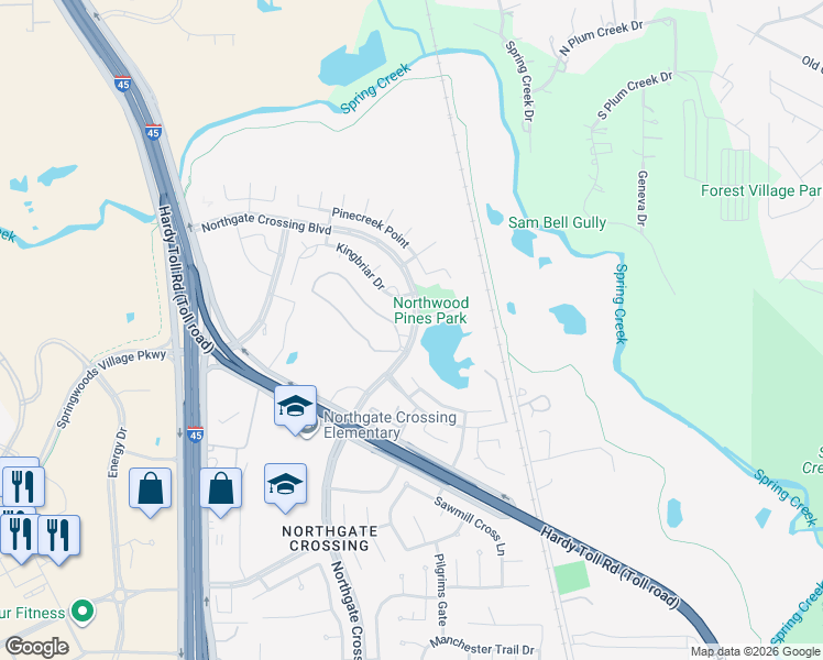 map of restaurants, bars, coffee shops, grocery stores, and more near 26220 Northgate Crossing Boulevard in Spring