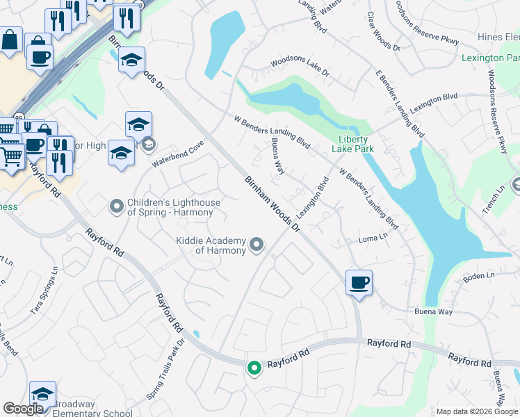 map of restaurants, bars, coffee shops, grocery stores, and more near 28255 Calaveras Lake Drive in Spring