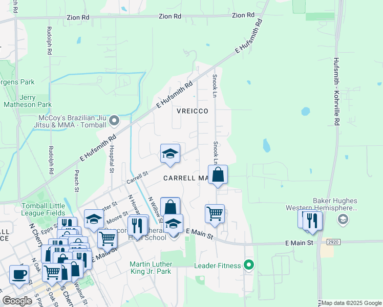 map of restaurants, bars, coffee shops, grocery stores, and more near 750 Carrell Street in Tomball